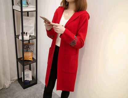 Women's Knit Cardigan with Hood and V-Neck Design