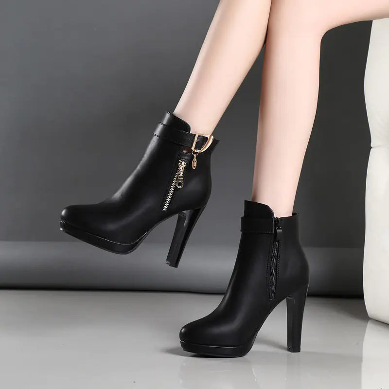 Women's Winter High Heel Short Boots, Round Toe Martin