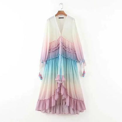 Bohemian Long Maxi Dress with V-Neck and Gradient Color