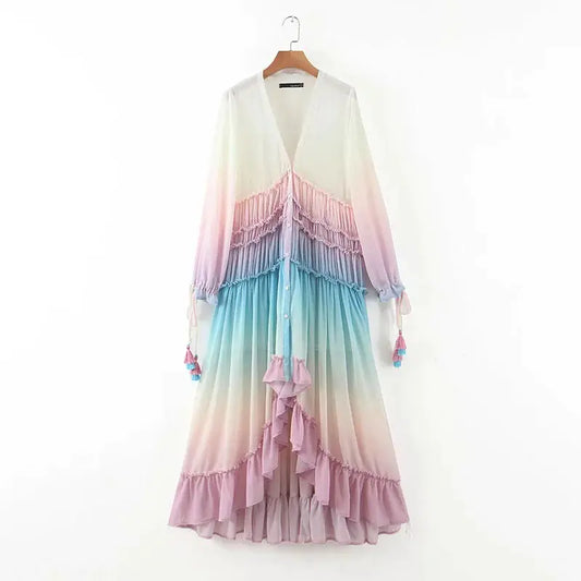 Bohemian Long Maxi Dress with V-Neck and Gradient Color