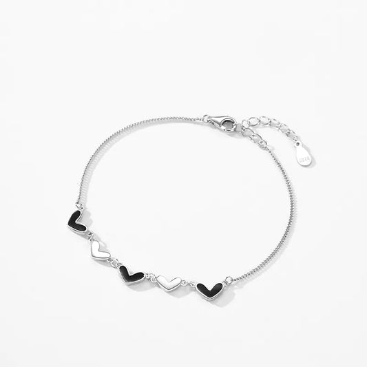 S925 Sterling Silver Black Epoxy Heart Bracelet