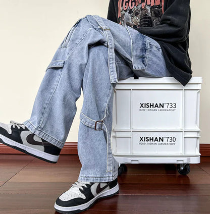 Street Trend Zipper Stitching Loose Straight Trousers