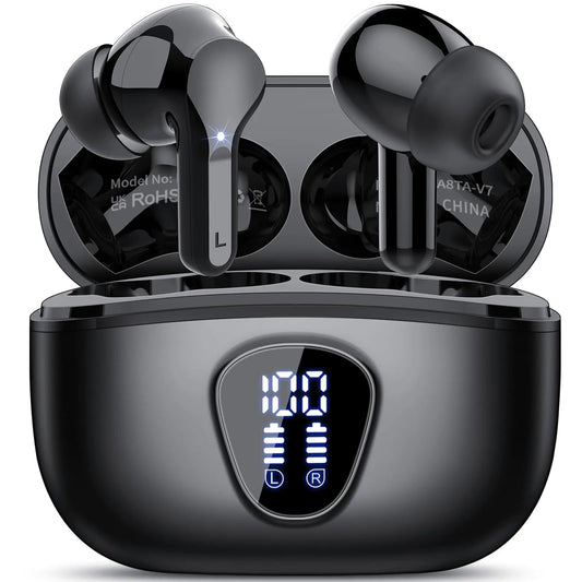 Wireless Earbuds Bluetooth 5.3 Headphones HiFi Stereo Bluetooth Earbuds with ENC Noise Cancelling Mic IP7 Waterproof in Ear Earphones 48H LED Display Ear buds for Pad Phones Workout Sports Black