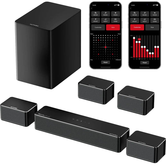ULTIMEA 7.1 Surround Sound System for TV with Dolby Atmos APP Control 4 Wired Surround Speakers 460W Sound Bar for Smart TV with 6.5" Wireless Subwoofer Home Theater Sound System Poseidon D80