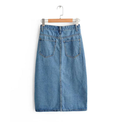 Split Hem Denim Skirt, Bodycon Denim Midi Skirt