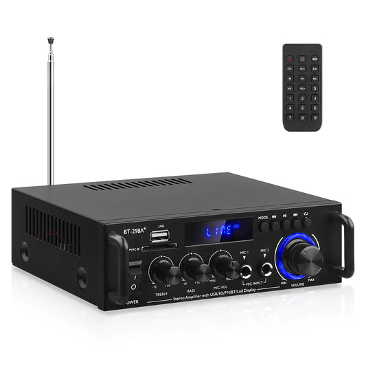 AEXCVG Stereo Home Audio Amplifier BT-298A+ HiFi Bluetooth Stereo Receiver 40Wx2 Mini Home Theater Amplifier with MICSDUSB AUXFM Remote Control Stereo Bluetooth Amplifier for KaraokeHome