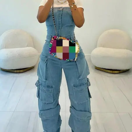FF1287 Women's Sleeveless Solid Color Denim Jumpsuit