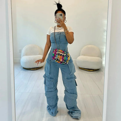 FF1287 Women's Sleeveless Solid Color Denim Jumpsuit