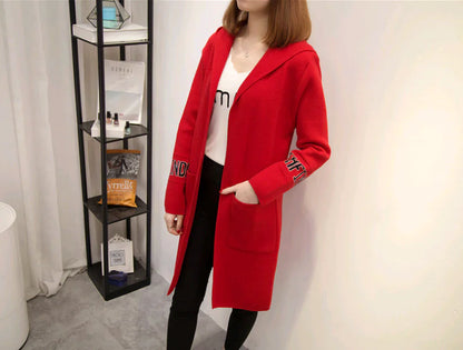 Women's Knit Cardigan with Hood and V-Neck Design