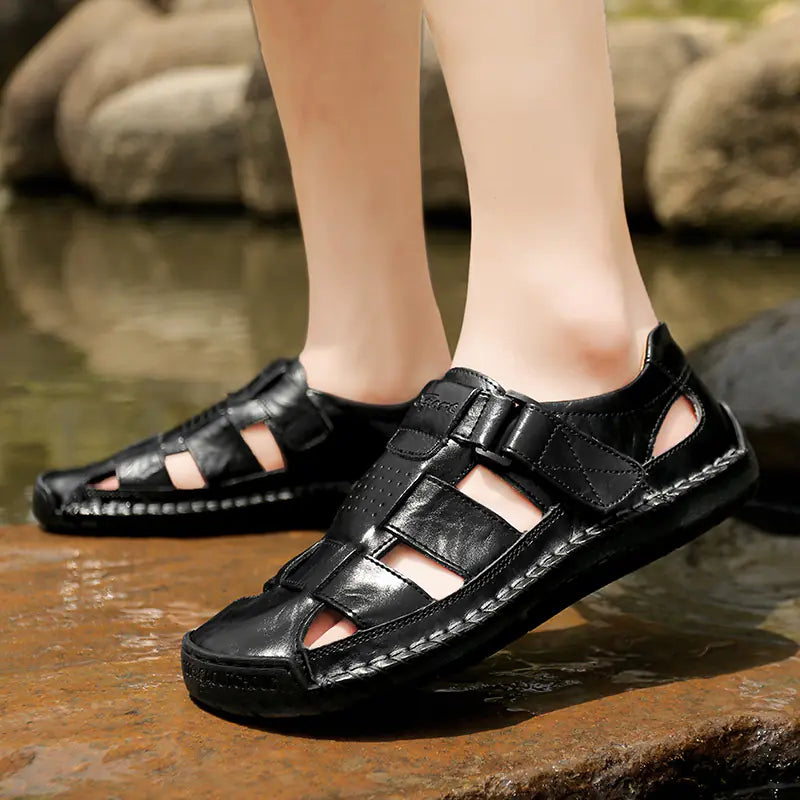 Men's Casual Leather Beach Sandals - Handmade, Plus Size