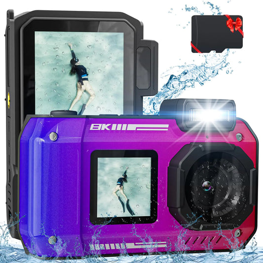 8K 70MP Digital Camera 33FT Underwater Camera Waterproof Rugged Dustproof Shockproof for Snorkeling Diving Selfie Dual-Screen Point and Shoot Digital Camera with 32G Card(Gradient Purple)