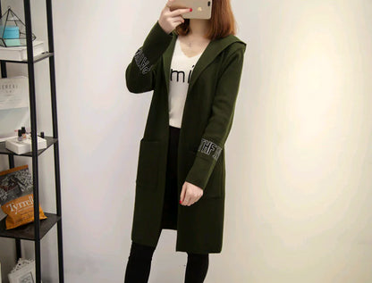 Women's Knit Cardigan with Hood and V-Neck Design