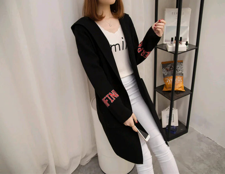 Women's Knit Cardigan with Hood and V-Neck Design