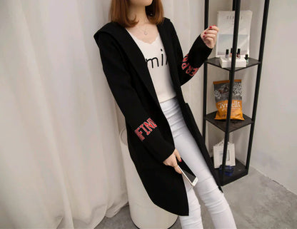 Women's Knit Cardigan with Hood and V-Neck Design