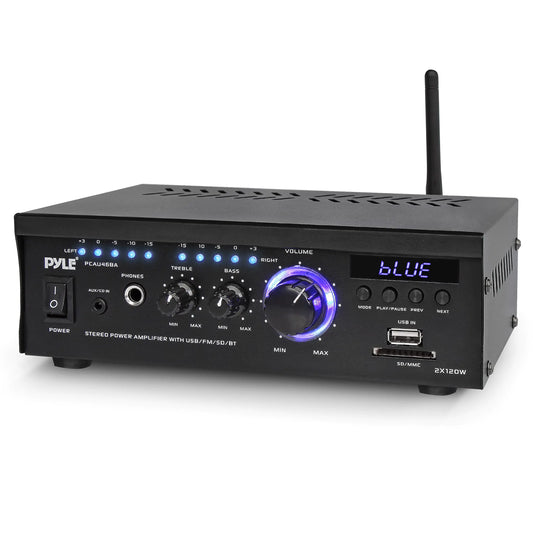 Wireless Bluetooth Home Stereo Amplifier - 2x120 Watt Power Amplifier Home Audio Bluetooth Receiver System w/Blue LED Display AM/FM Radio USB/SD AUX RCA Headphone Jack - Remote - PCAU46BA