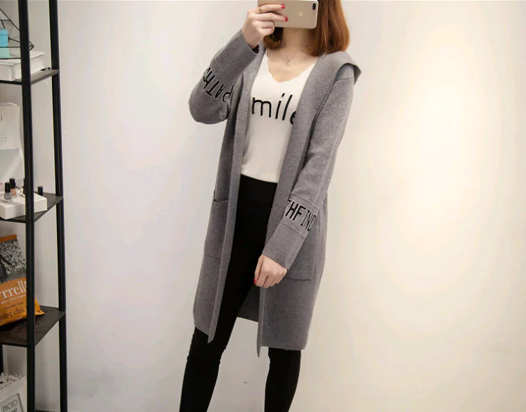Women's Knit Cardigan with Hood and V-Neck Design