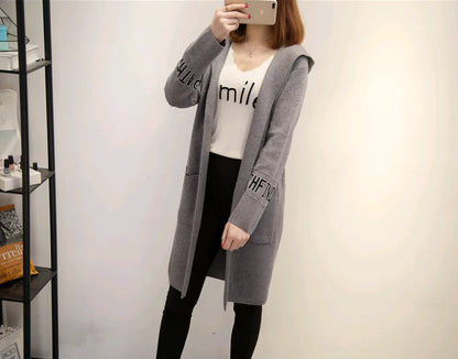 Women's Knit Cardigan with Hood and V-Neck Design