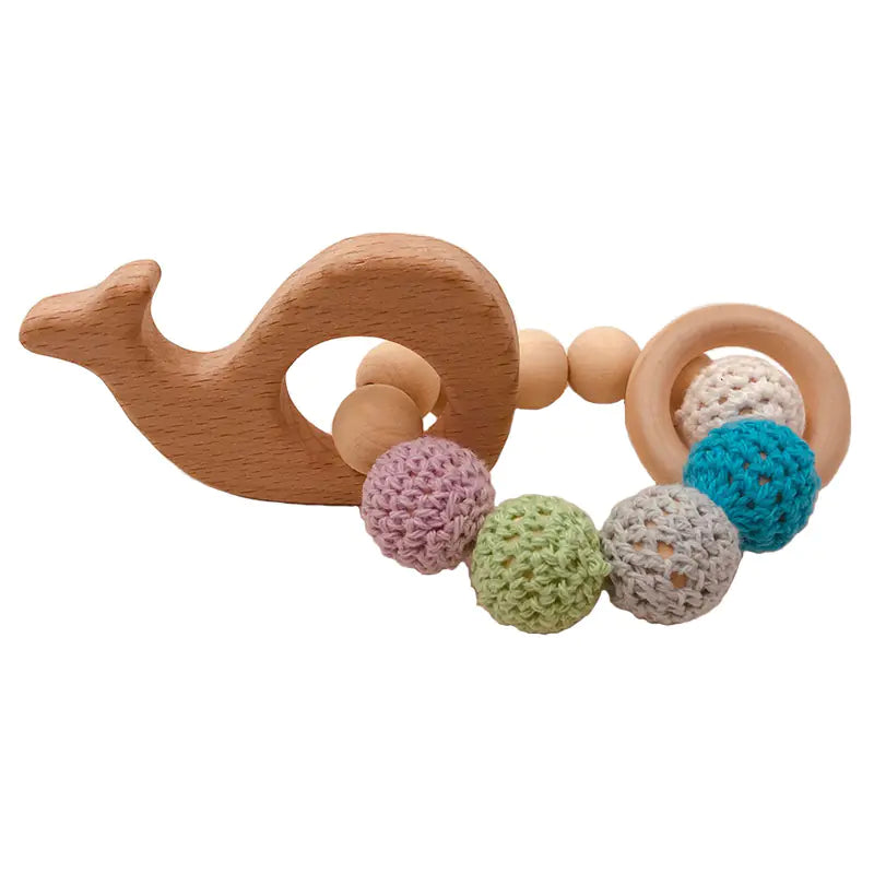 Handmade Crochet Baby Teething Toy with Beech Wood