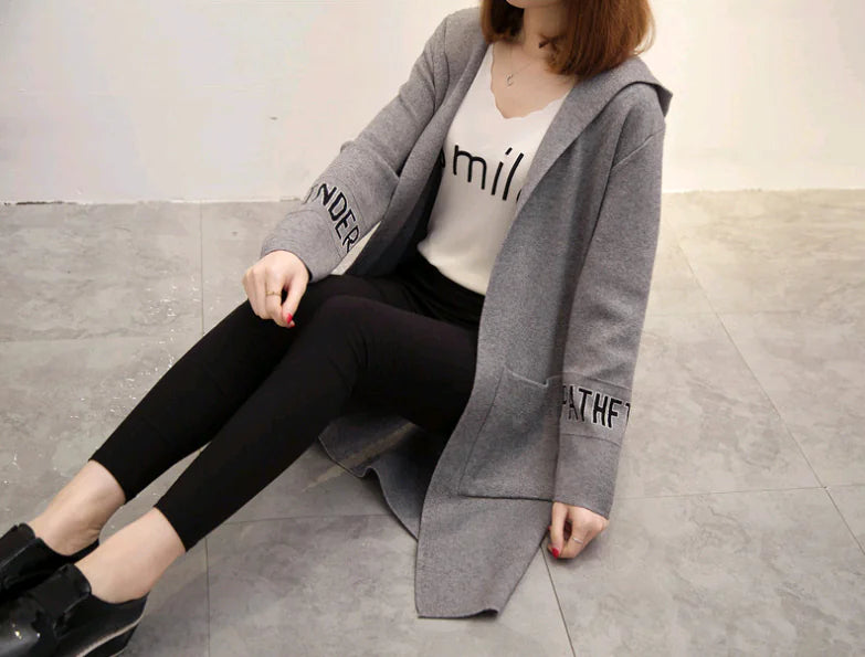Women's Knit Cardigan with Hood and V-Neck Design
