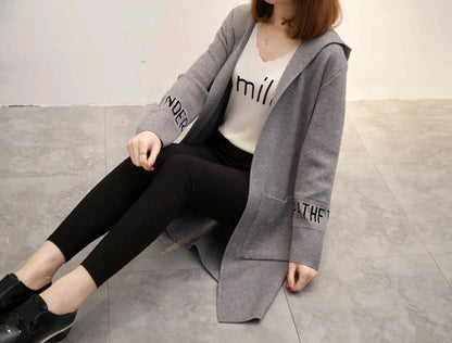 Women's Knit Cardigan with Hood and V-Neck Design