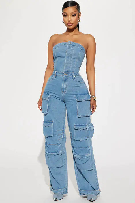 FF1287 Women's Sleeveless Solid Color Denim Jumpsuit