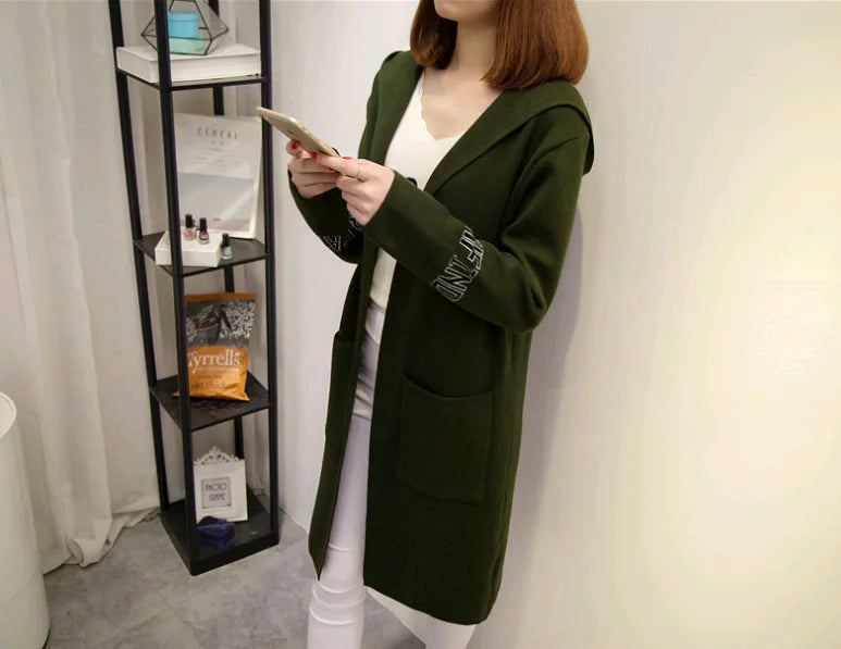 Women's Knit Cardigan with Hood and V-Neck Design