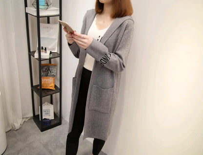 Women's Knit Cardigan with Hood and V-Neck Design