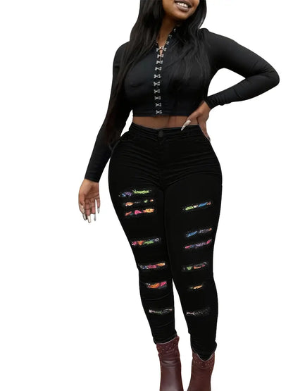 High-Rise Colorful Patchwork Distressed Skinny Jeans