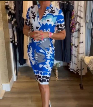 Printed Short Sleeve V-Neck Dress (One Piece)