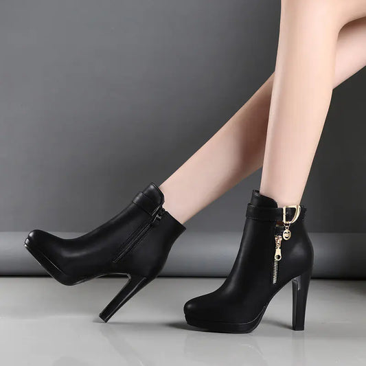 Women's Winter High Heel Short Boots, Round Toe Martin