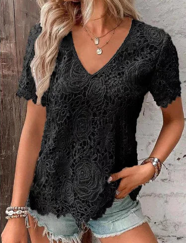 V-Neck Short Sleeve Lace Blouse (One Piece)