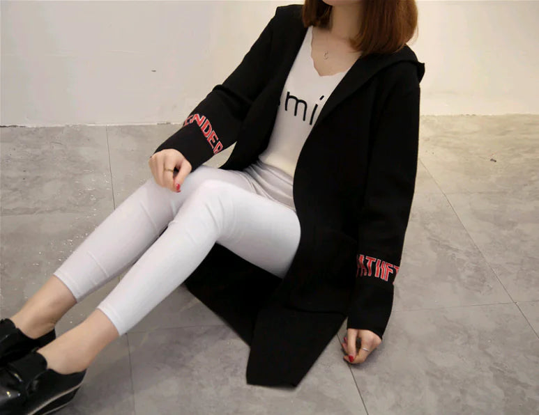 Women's Knit Cardigan with Hood and V-Neck Design