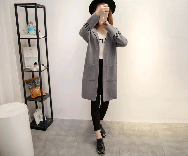 Women's Knit Cardigan with Hood and V-Neck Design