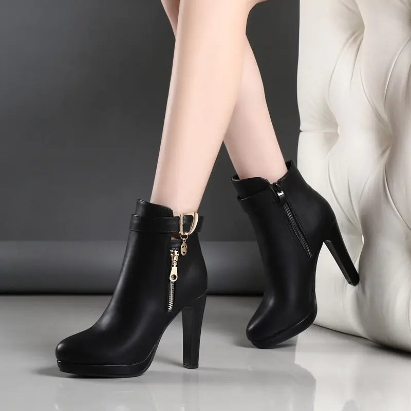 Women's Winter High Heel Short Boots, Round Toe Martin