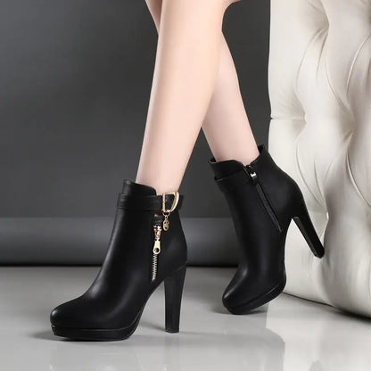 Women's Winter High Heel Short Boots, Round Toe Martin