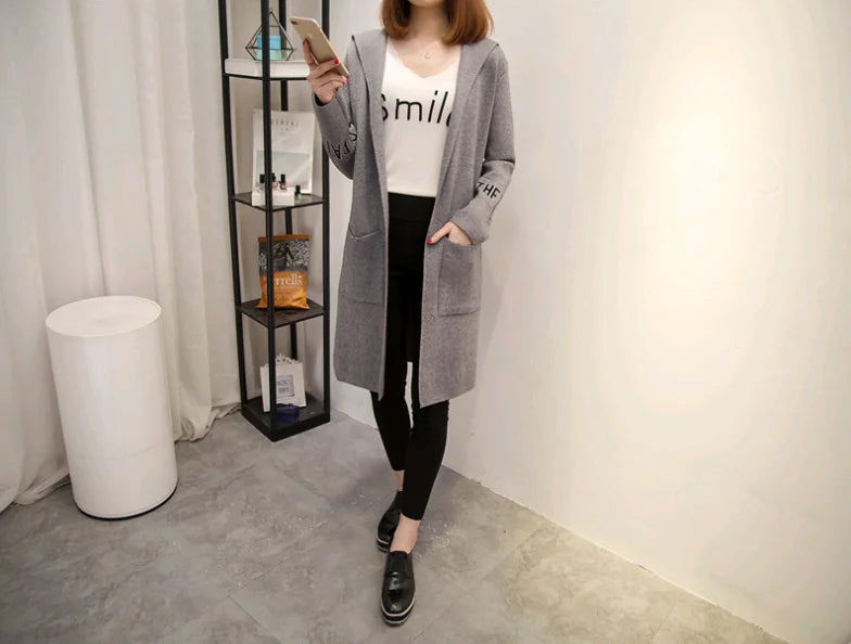 Women's Knit Cardigan with Hood and V-Neck Design