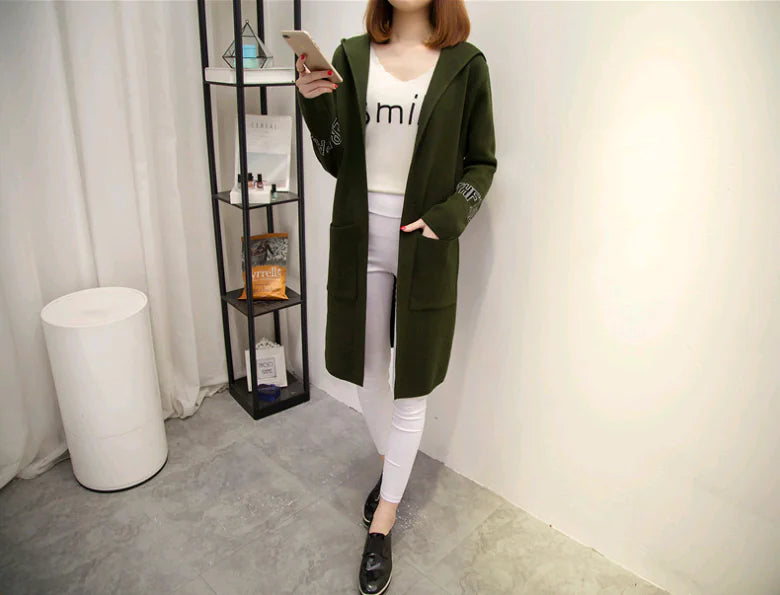 Women's Knit Cardigan with Hood and V-Neck Design