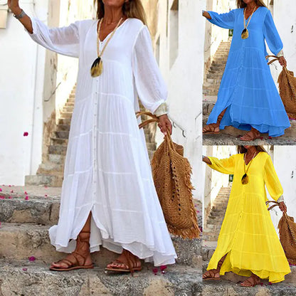 V-neck Long-sleeved Cotton Linen Dress for Women