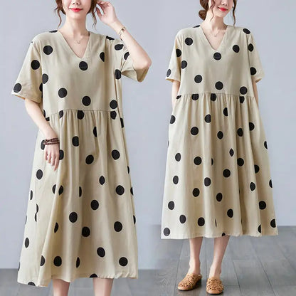 Cotton and Linen V-neck Short-sleeved Dress