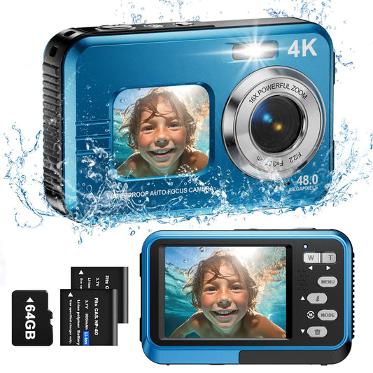 Underwater Camera 4K Waterproof Camera with 64GB Card 48MP Autofocus Selfie Dual Screens 11FT Underwater Camera for Snorkeling Waterproof Compact Portable Digital Camera 2 Batteries