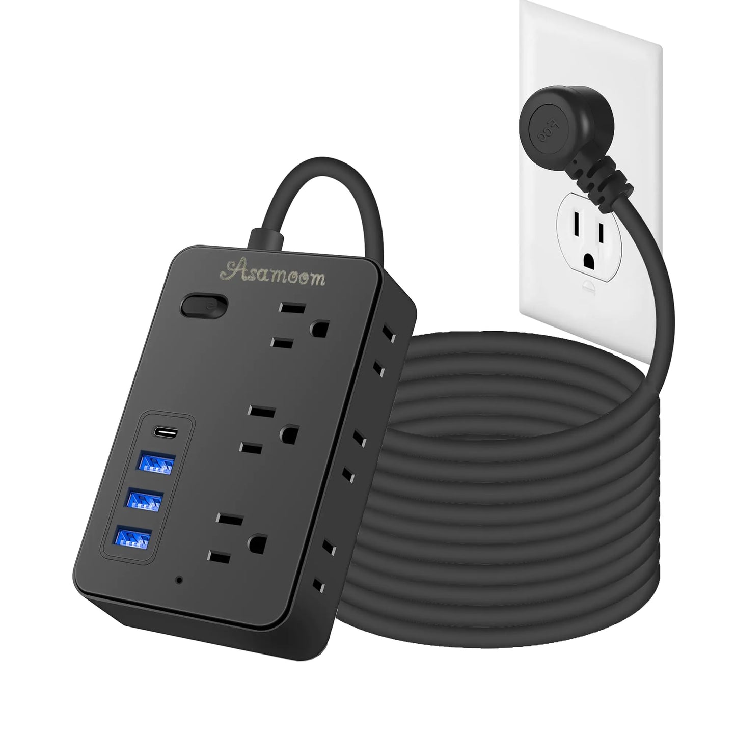 15FT Extension Cord with Multiple Outlets Asamoom 15 ft Surge Protector Power Strip with 6 Outlets with 4 USB Ports(1 USB C)，Flat Plug with Long Cord 1700 Joules Protection for Home Office Black