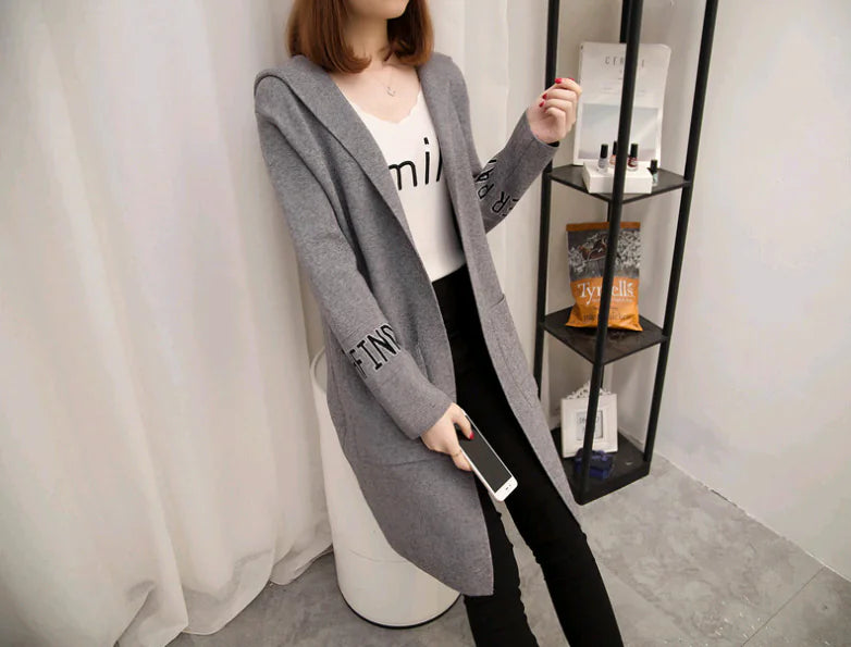 Women's Knit Cardigan with Hood and V-Neck Design