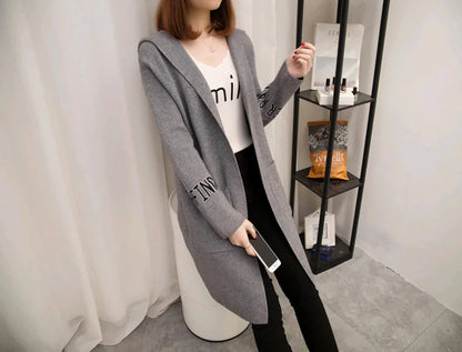 Women's Knit Cardigan with Hood and V-Neck Design