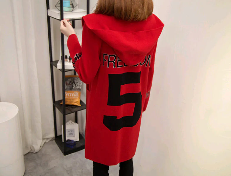 Women's Knit Cardigan with Hood and V-Neck Design