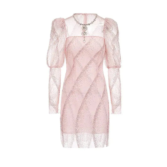 Rhinestone Puff Sleeve Jumpsuit with Short Skirt