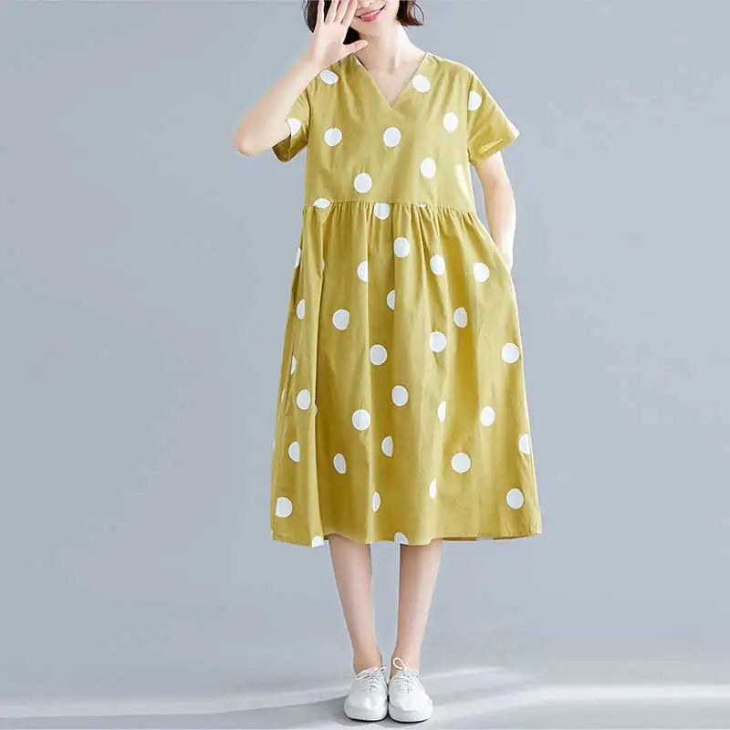 Dot Print Cotton Linen V-Neck Short Sleeve Dress