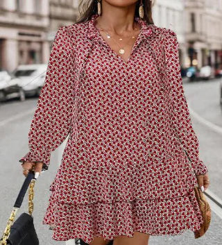 WOLFF V-Neck Floral Tie Waist Long Sleeve Dress (One Piece)