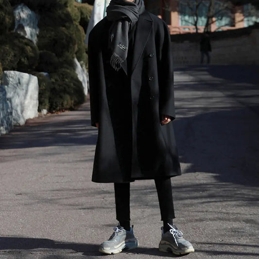 Men's Loose Casual Long Woolen Coat (Korean Style)