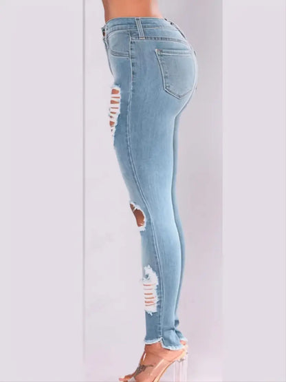 High Rise Distressed Asymmetrical Ripped Skinny Jeans