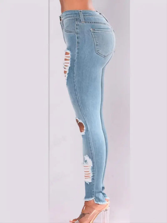 High Rise Distressed Asymmetrical Ripped Skinny Jeans